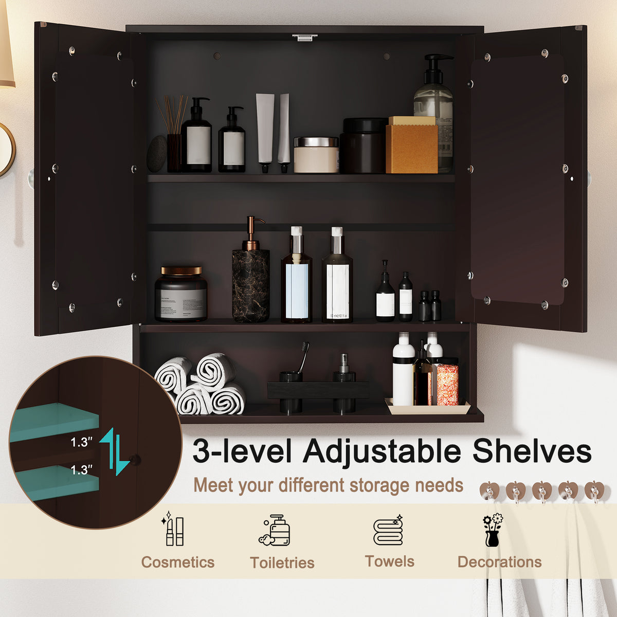 Bathroom Wall Mount Mirror Cabinet Organizer-Brown-Wall Cabinets-DECOROLALA