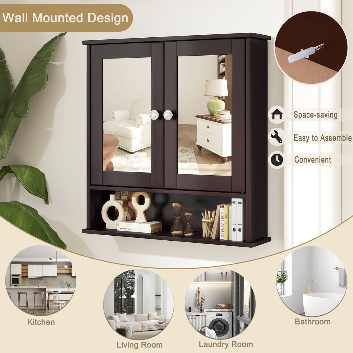 Bathroom Wall Mount Mirror Cabinet Organizer-Brown-Wall Cabinets-DECOROLALA