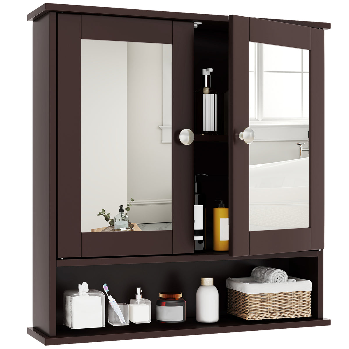 Bathroom Wall Mount Mirror Cabinet Organizer-Brown-Wall Cabinets-DECOROLALA