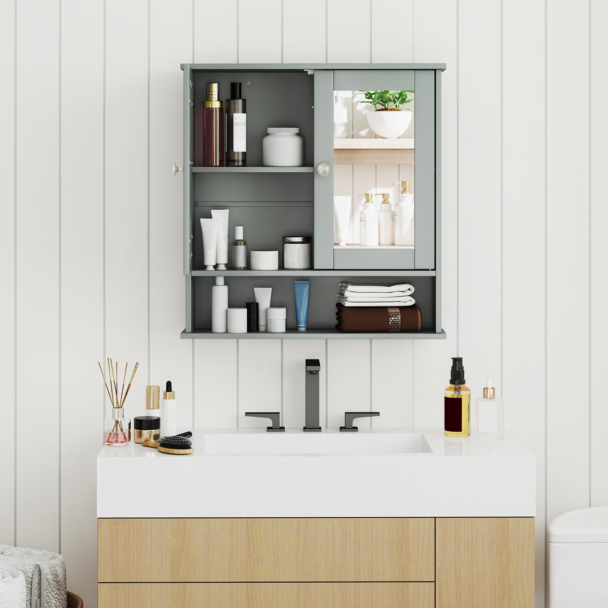 Bathroom Wall Mount Mirror Cabinet Organizer-Gray-Wall Cabinets-DECOROLALA