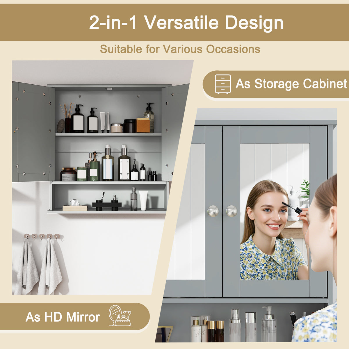 Bathroom Wall Mount Mirror Cabinet Organizer-Gray-Wall Cabinets-DECOROLALA