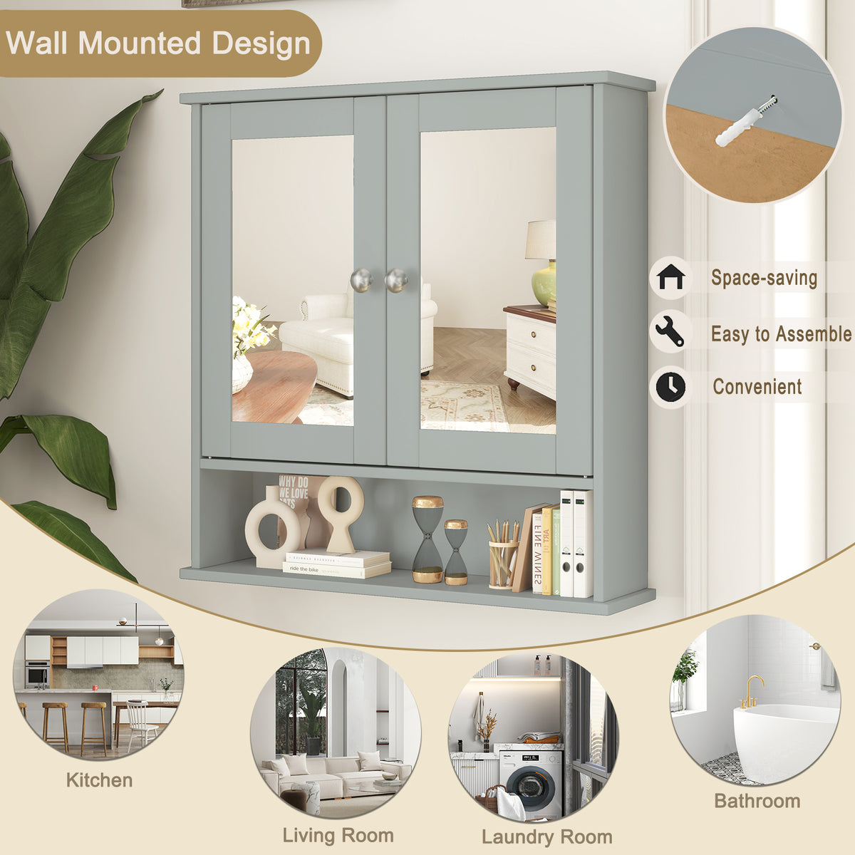Bathroom Wall Mount Mirror Cabinet Organizer-Gray-Wall Cabinets-DECOROLALA