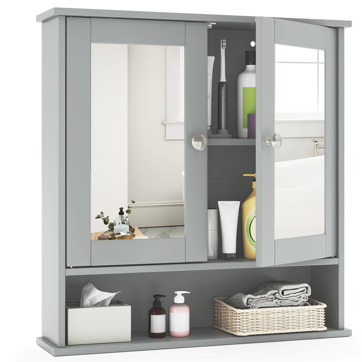 Bathroom Wall Mount Mirror Cabinet Organizer-Gray-Wall Cabinets-DECOROLALA