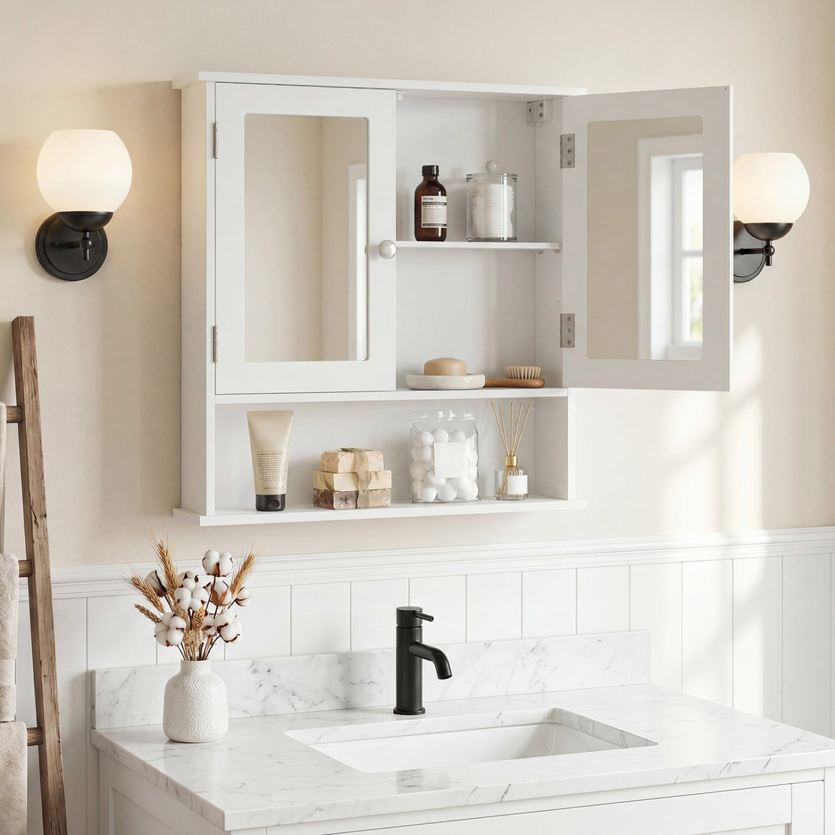 Bathroom Wall Mount Mirror Cabinet Organizer-White-Wall Cabinets-DECOROLALA