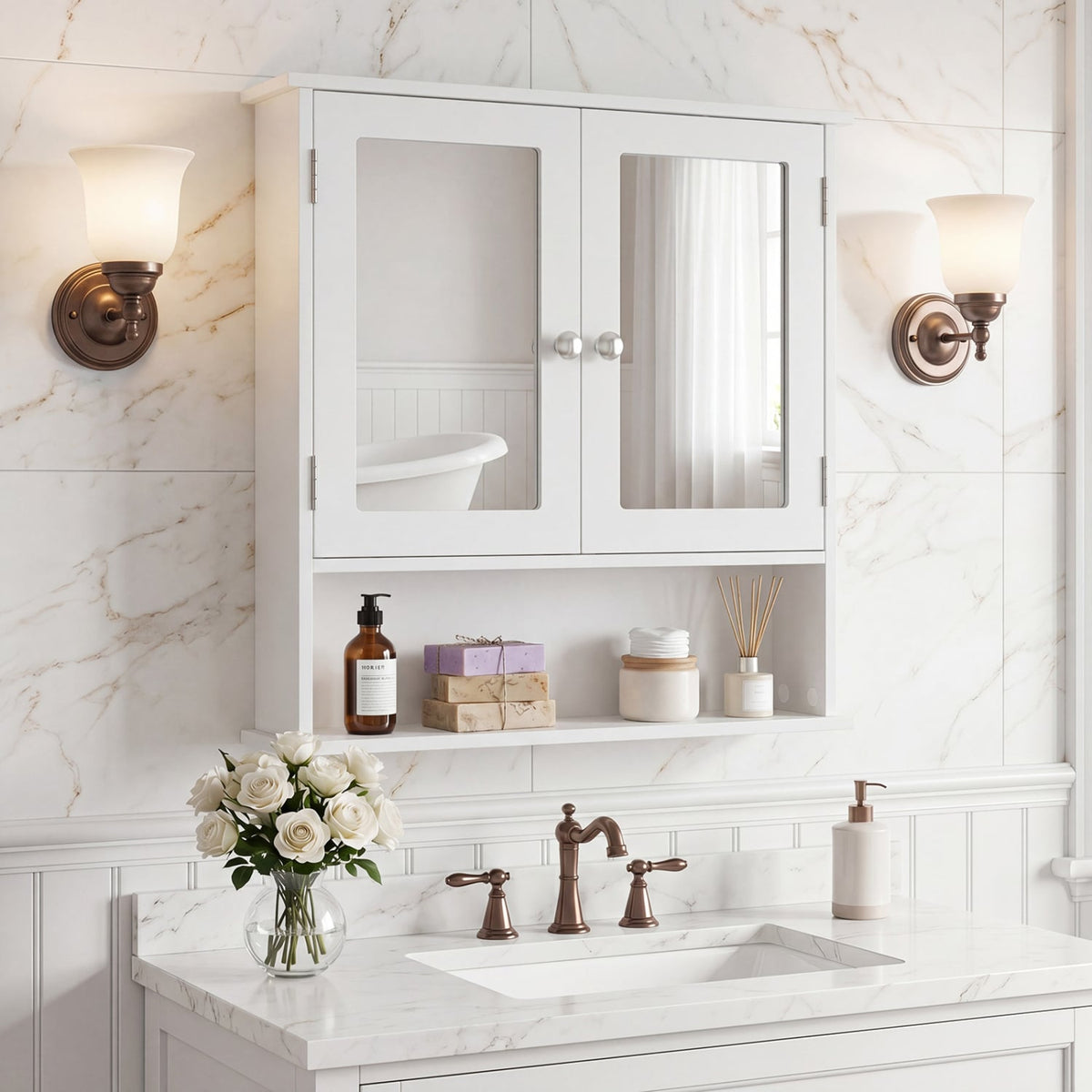 Bathroom Wall Mount Mirror Cabinet Organizer-White-Wall Cabinets-DECOROLALA