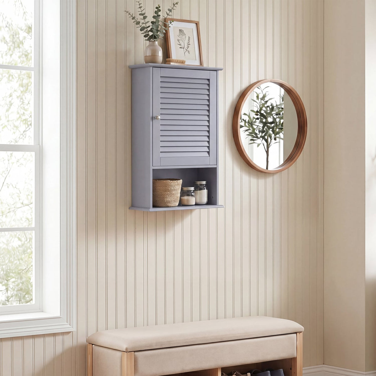 Bathroom Wall Mount Storage Cabinet Single Door with Height Adjustable Shelf-Gray-Wall Cabinets-DECOROLALA