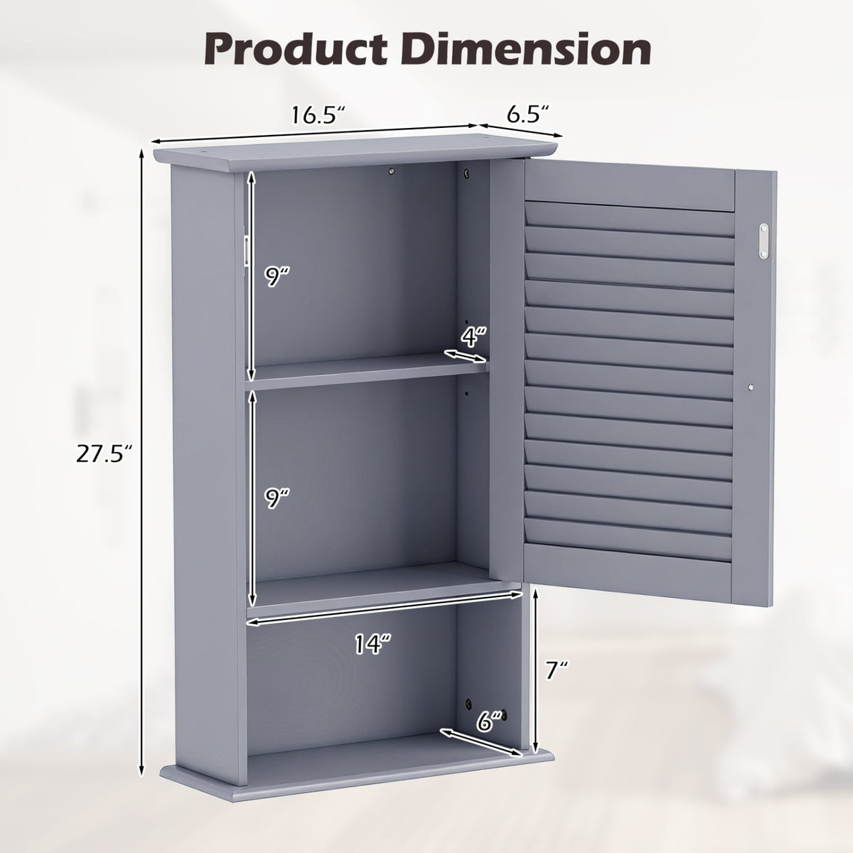 Bathroom Wall Mount Storage Cabinet Single Door with Height Adjustable Shelf-Gray-Wall Cabinets-DECOROLALA