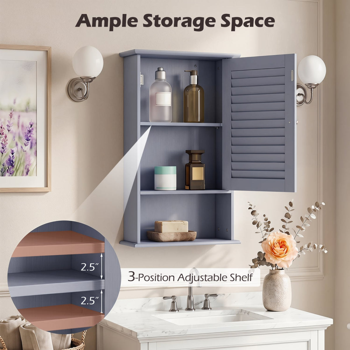 Bathroom Wall Mount Storage Cabinet Single Door with Height Adjustable Shelf-Gray-Wall Cabinets-DECOROLALA