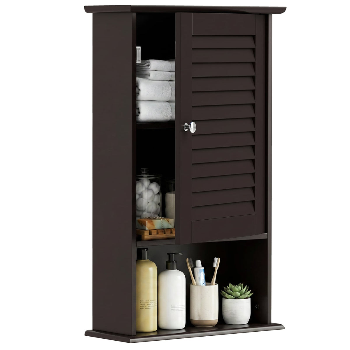 Bathroom Wall Cabinet - Rustic Brown Louver Door Storage 27.5"H-Wall Cabinets-DECOROLALA