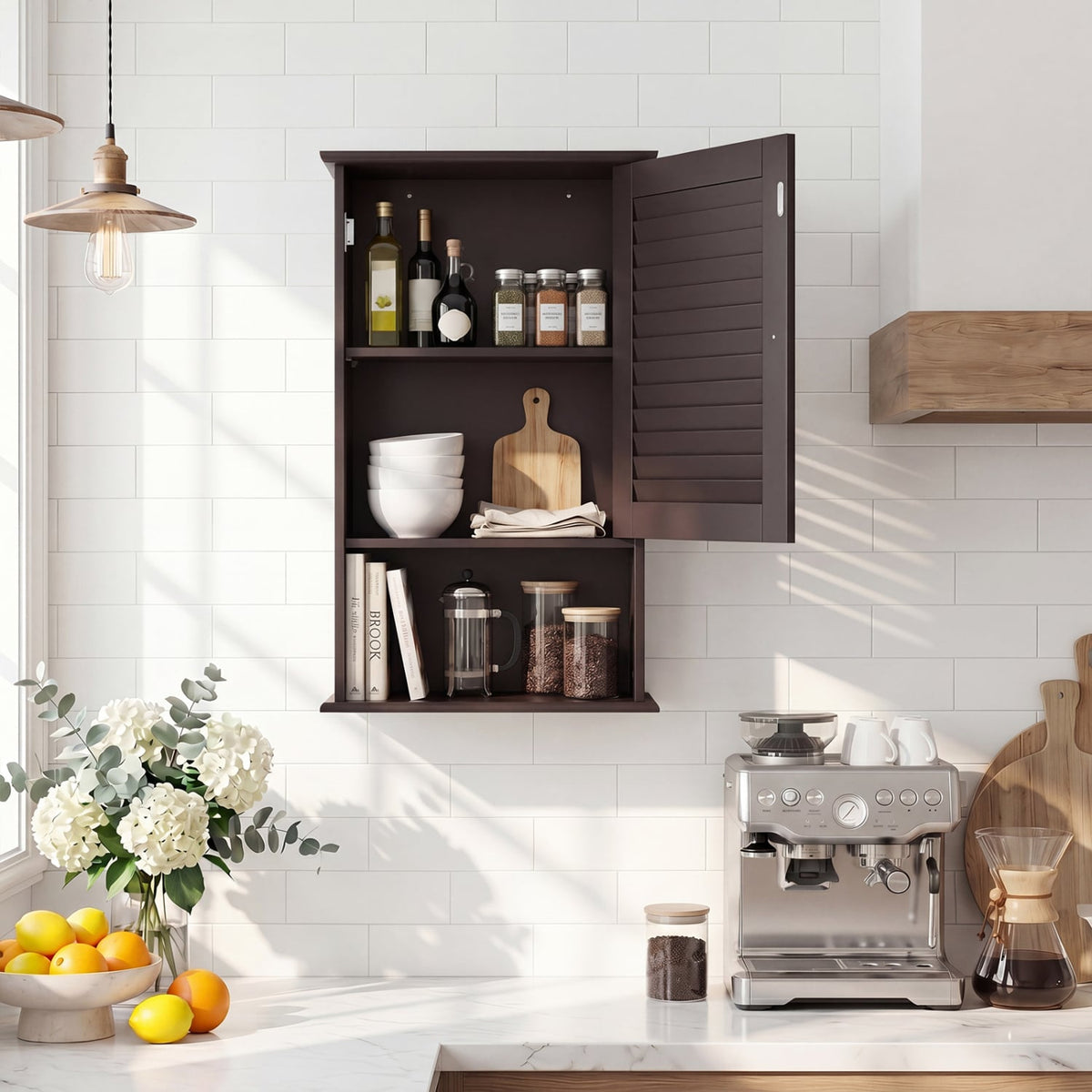 Bathroom Wall Cabinet - Rustic Brown Louver Door Storage 27.5"H-Wall Cabinets-DECOROLALA