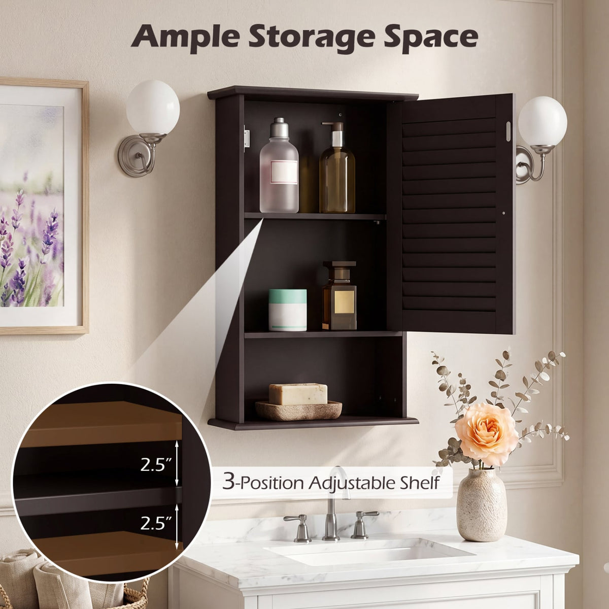 Bathroom Wall Cabinet - Rustic Brown Louver Door Storage 27.5"H-Wall Cabinets-DECOROLALA