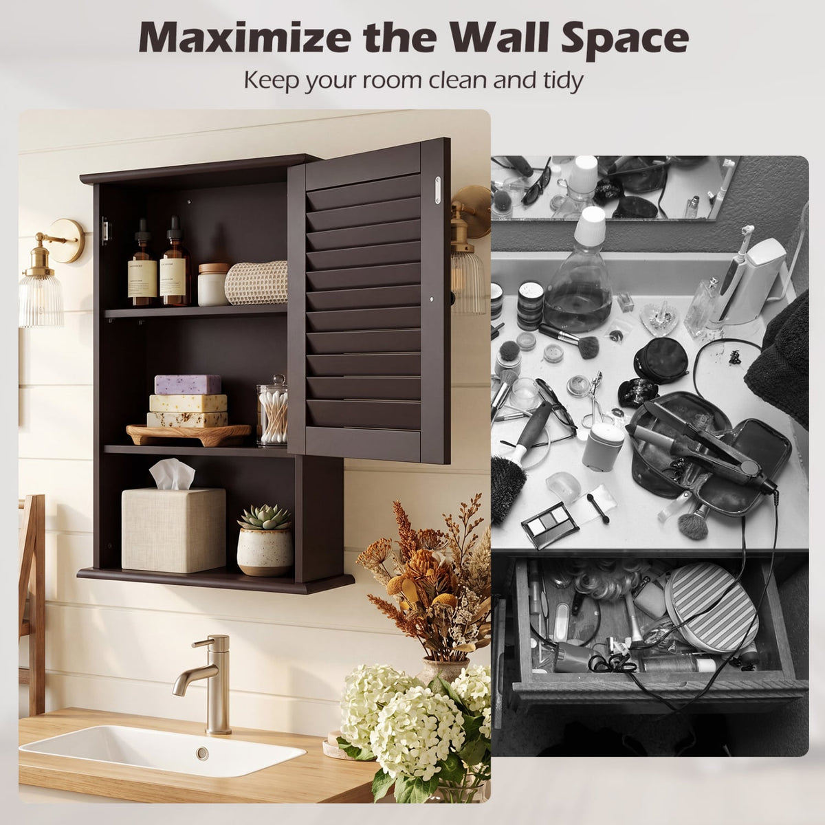 Bathroom Wall Cabinet - Rustic Brown Louver Door Storage 27.5"H-Wall Cabinets-DECOROLALA