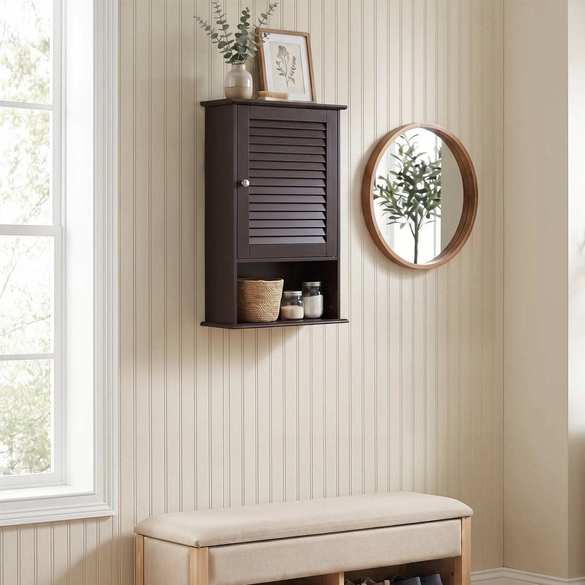 Bathroom Wall Cabinet - Rustic Brown Louver Door Storage 27.5"H-Wall Cabinets-DECOROLALA