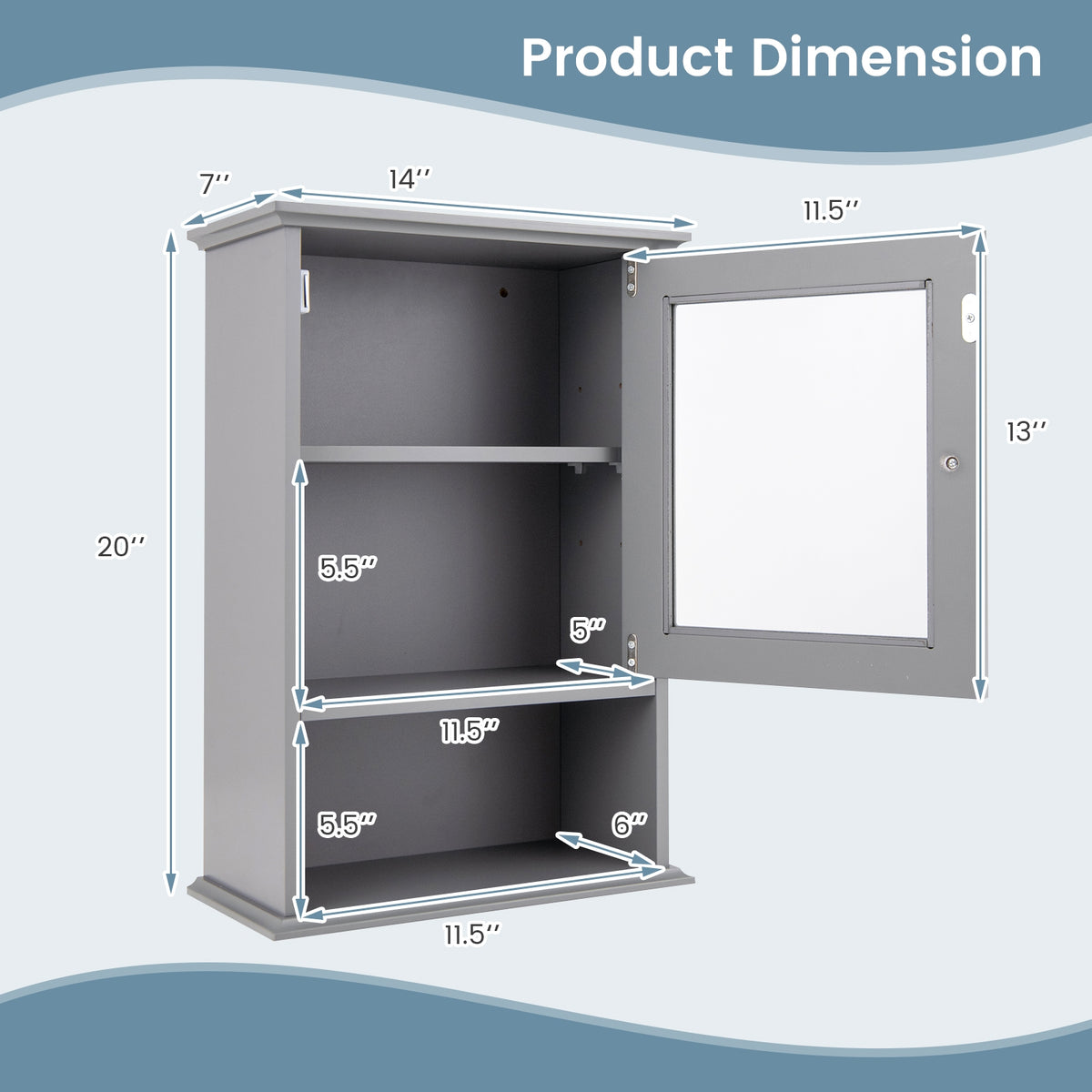 Wall Mounted Bathroom Medicine Cabinet - Gray 14" x 20" MDF-Wall Cabinets-DECOROLALA