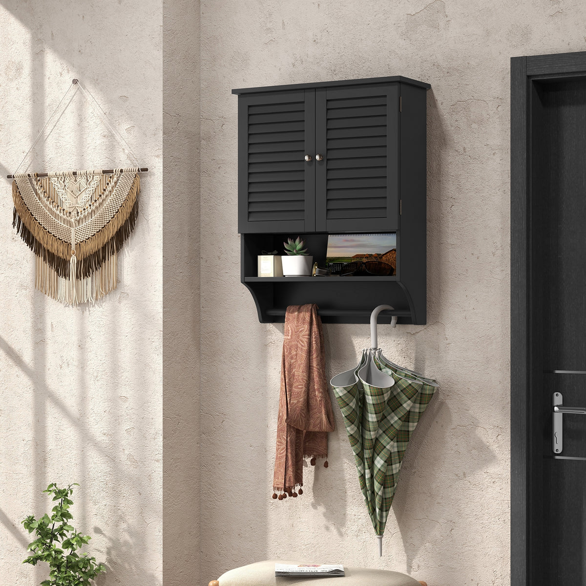 Bathroom Wall-Mounted Medicine Cabinet with Towel Bar - Black-Wall Cabinets-DECOROLALA