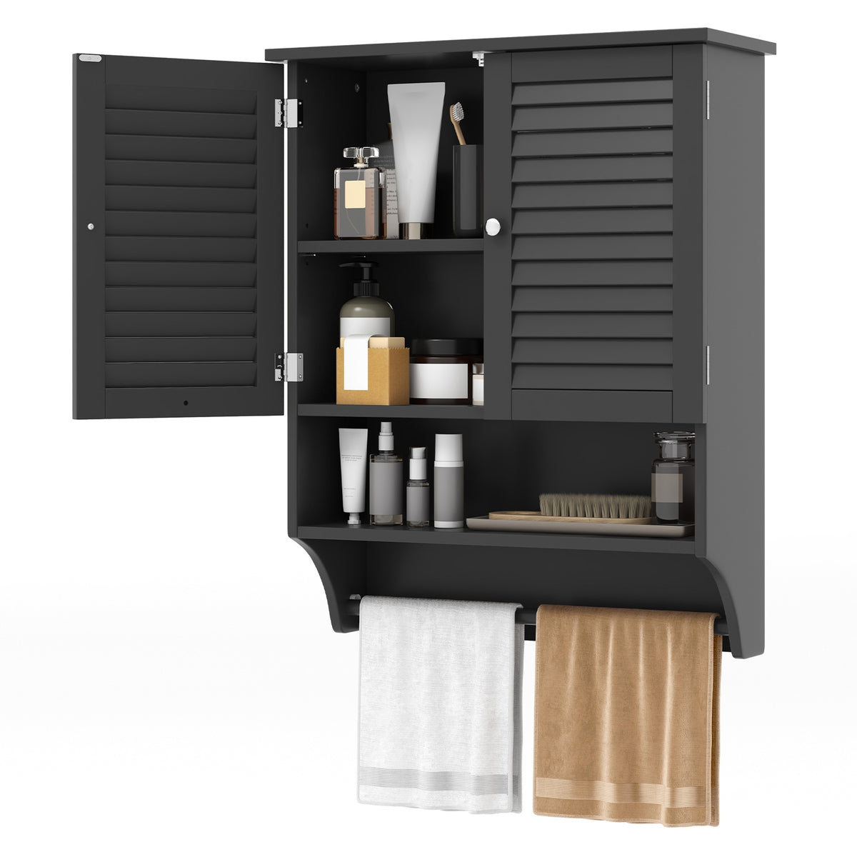 Bathroom Wall-Mounted Medicine Cabinet with Towel Bar - Black-Wall Cabinets-DECOROLALA