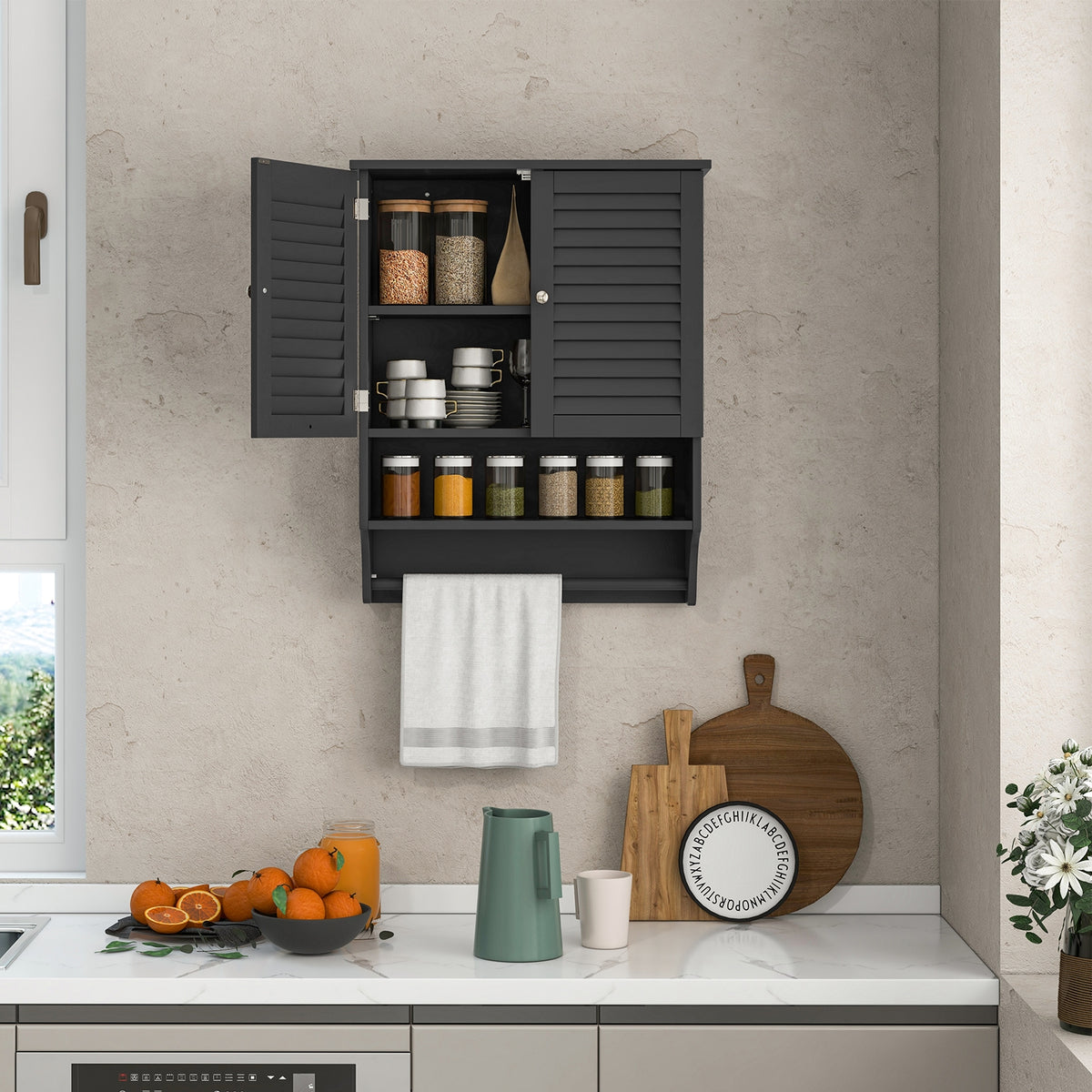 Bathroom Wall-Mounted Medicine Cabinet with Towel Bar - Black-Wall Cabinets-DECOROLALA