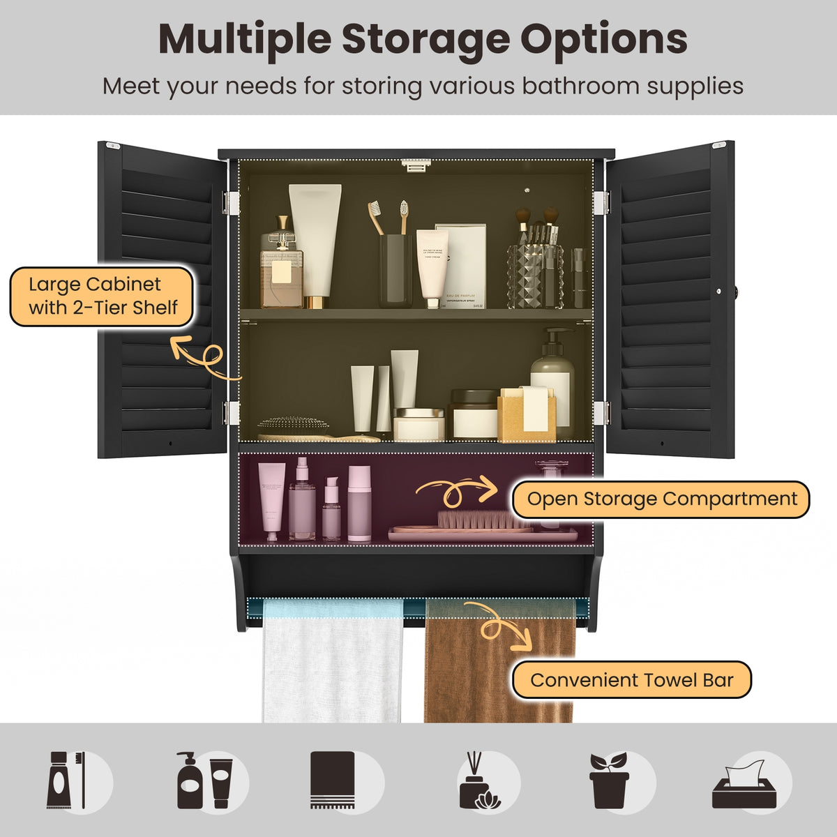 Bathroom Wall-Mounted Medicine Cabinet with Towel Bar - Black-Wall Cabinets-DECOROLALA