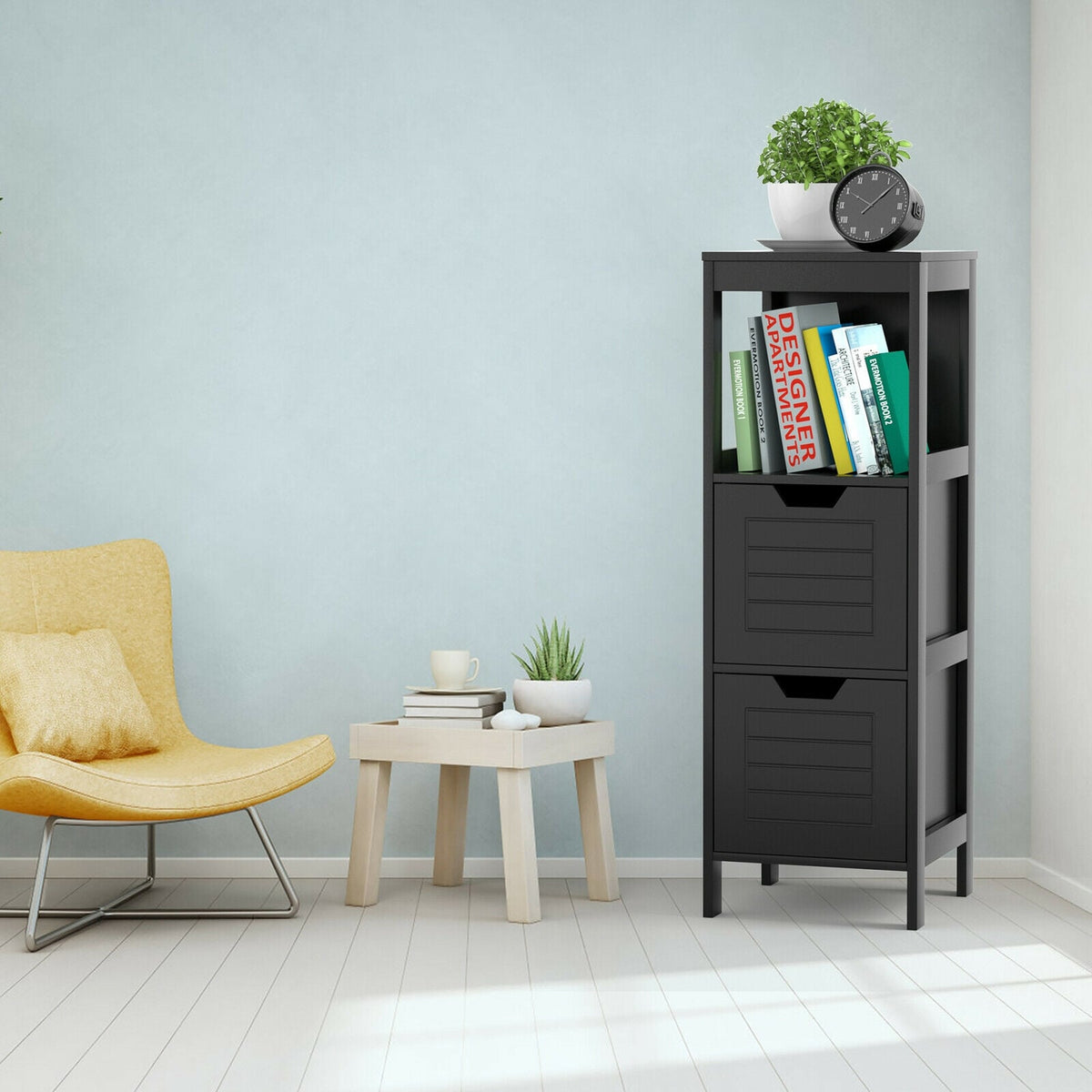 Bathroom Wooden Floor Cabinet Multifunction Storage Rack Stand Organizer-Black-Floor Cabinets-DECOROLALA