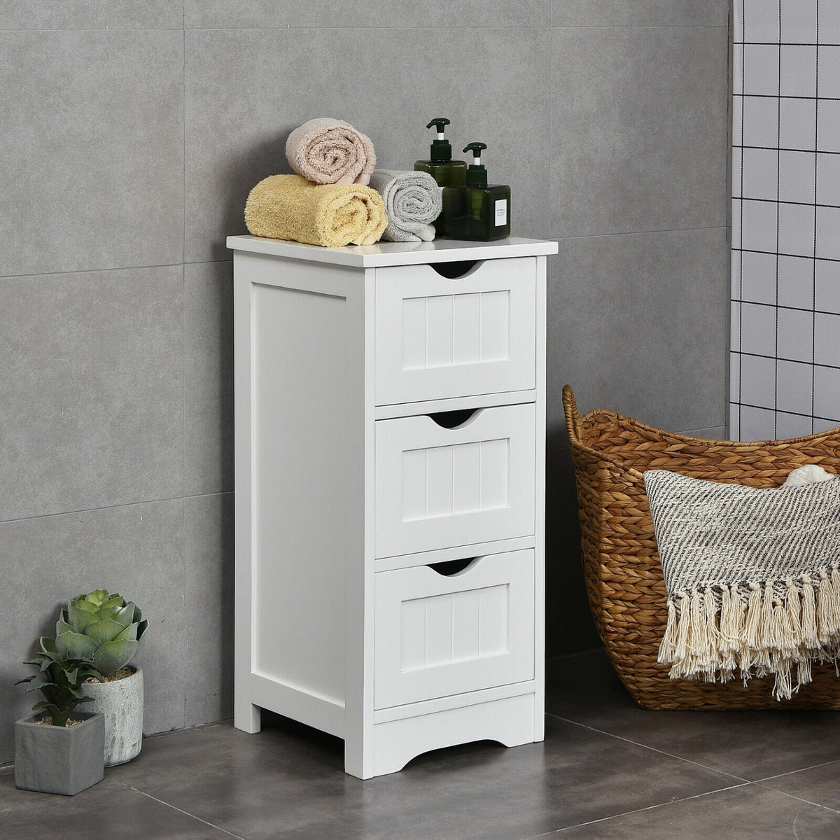 Bathroom Wooden Free Standing Storage Side Floor Cabinet Organizer-3-Tier White-Floor Cabinets-DECOROLALA