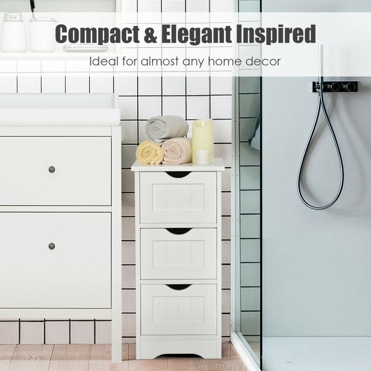 Bathroom Wooden Free Standing Storage Side Floor Cabinet Organizer-3-Tier White-Floor Cabinets-DECOROLALA