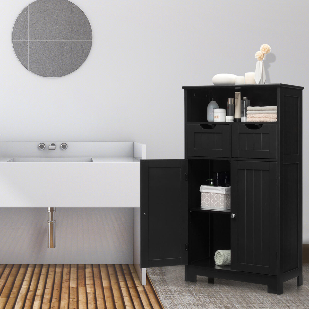 Bathroom Wooden Side Cabinet with 2 Drawers and 2 Doors-Black-Floor Cabinets-DECOROLALA