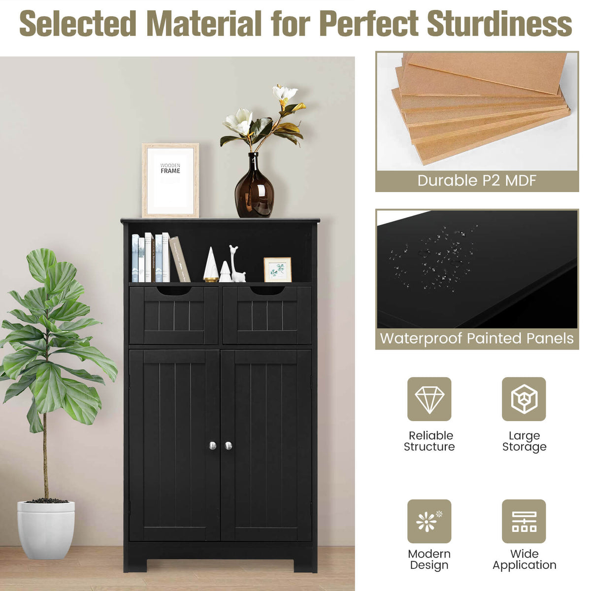 Bathroom Wooden Side Cabinet with 2 Drawers and 2 Doors-Black-Floor Cabinets-DECOROLALA