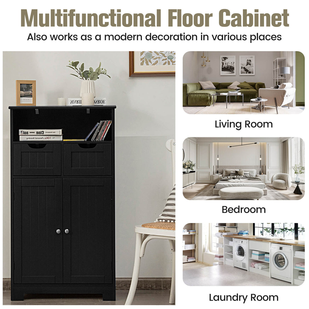 Bathroom Wooden Side Cabinet with 2 Drawers and 2 Doors-Black-Floor Cabinets-DECOROLALA