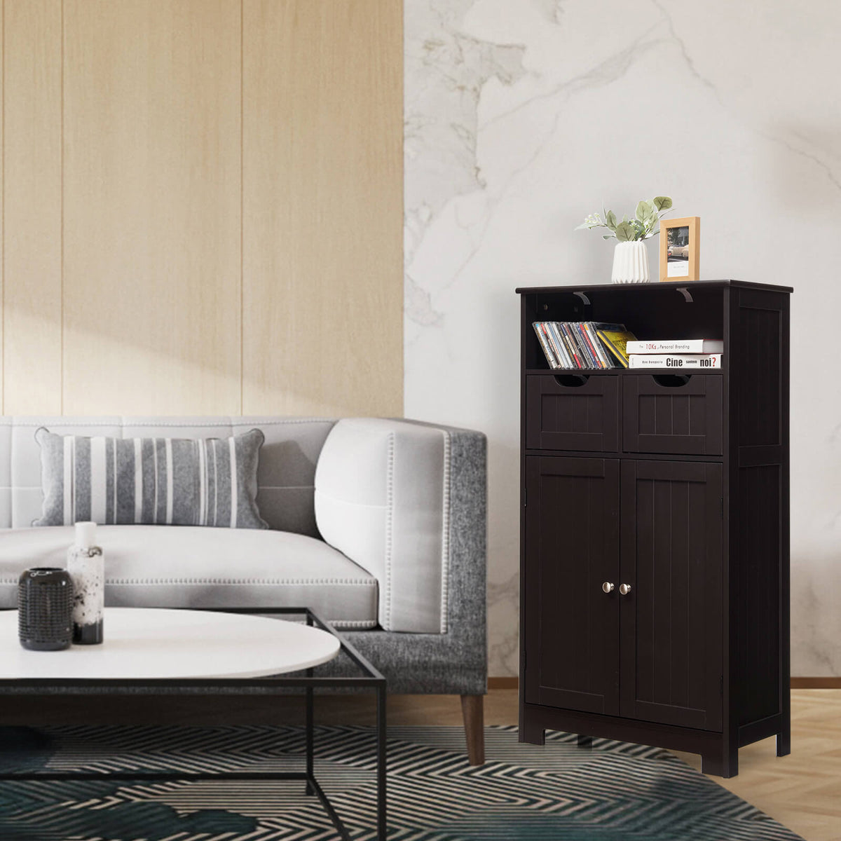 Bathroom Wooden Side Cabinet with 2 Drawers and 2 Doors-Espresso-Floor Cabinets-DECOROLALA