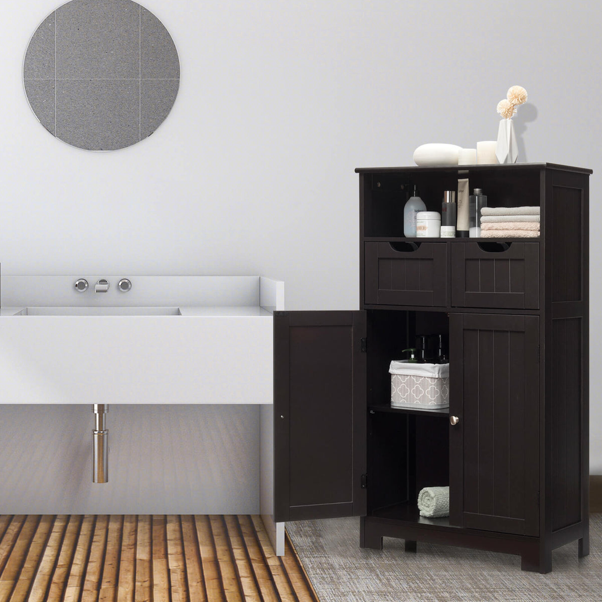 Bathroom Wooden Side Cabinet with 2 Drawers and 2 Doors-Espresso-Floor Cabinets-DECOROLALA