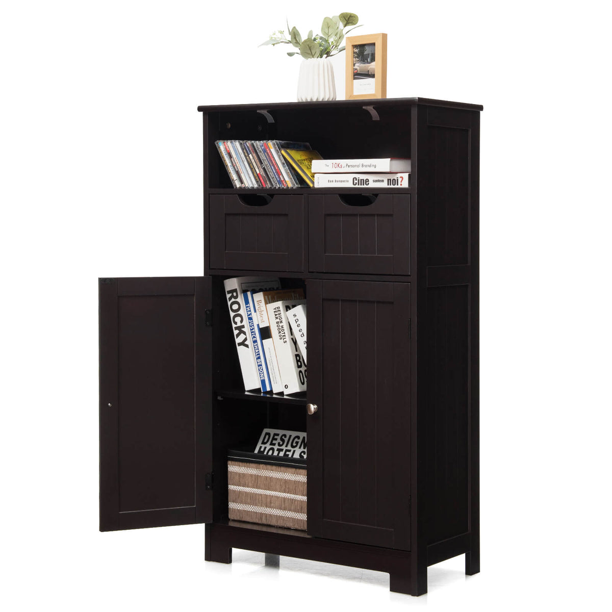 Bathroom Wooden Side Cabinet with 2 Drawers and 2 Doors-Espresso-Floor Cabinets-DECOROLALA