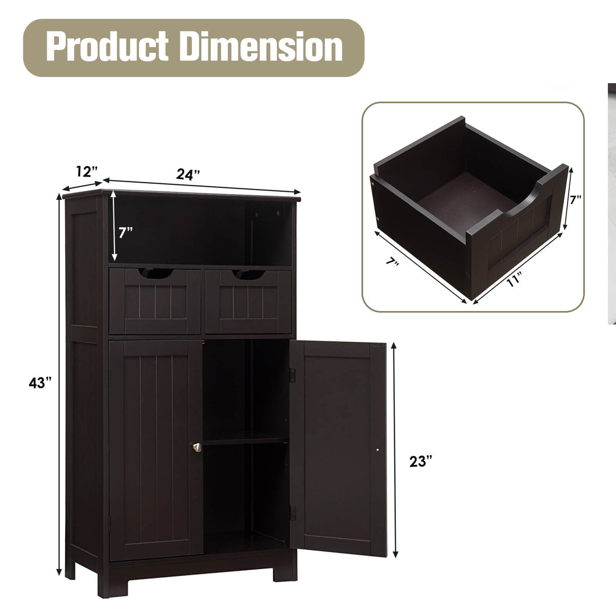 Bathroom Wooden Side Cabinet with 2 Drawers and 2 Doors-Espresso-Floor Cabinets-DECOROLALA