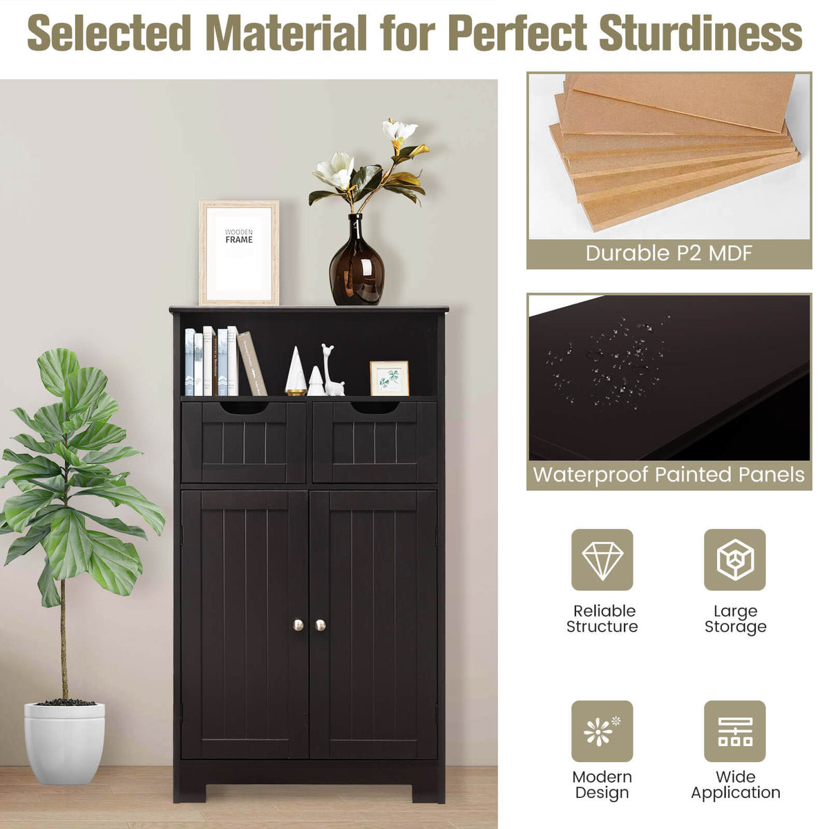 Bathroom Wooden Side Cabinet with 2 Drawers and 2 Doors-Espresso-Floor Cabinets-DECOROLALA