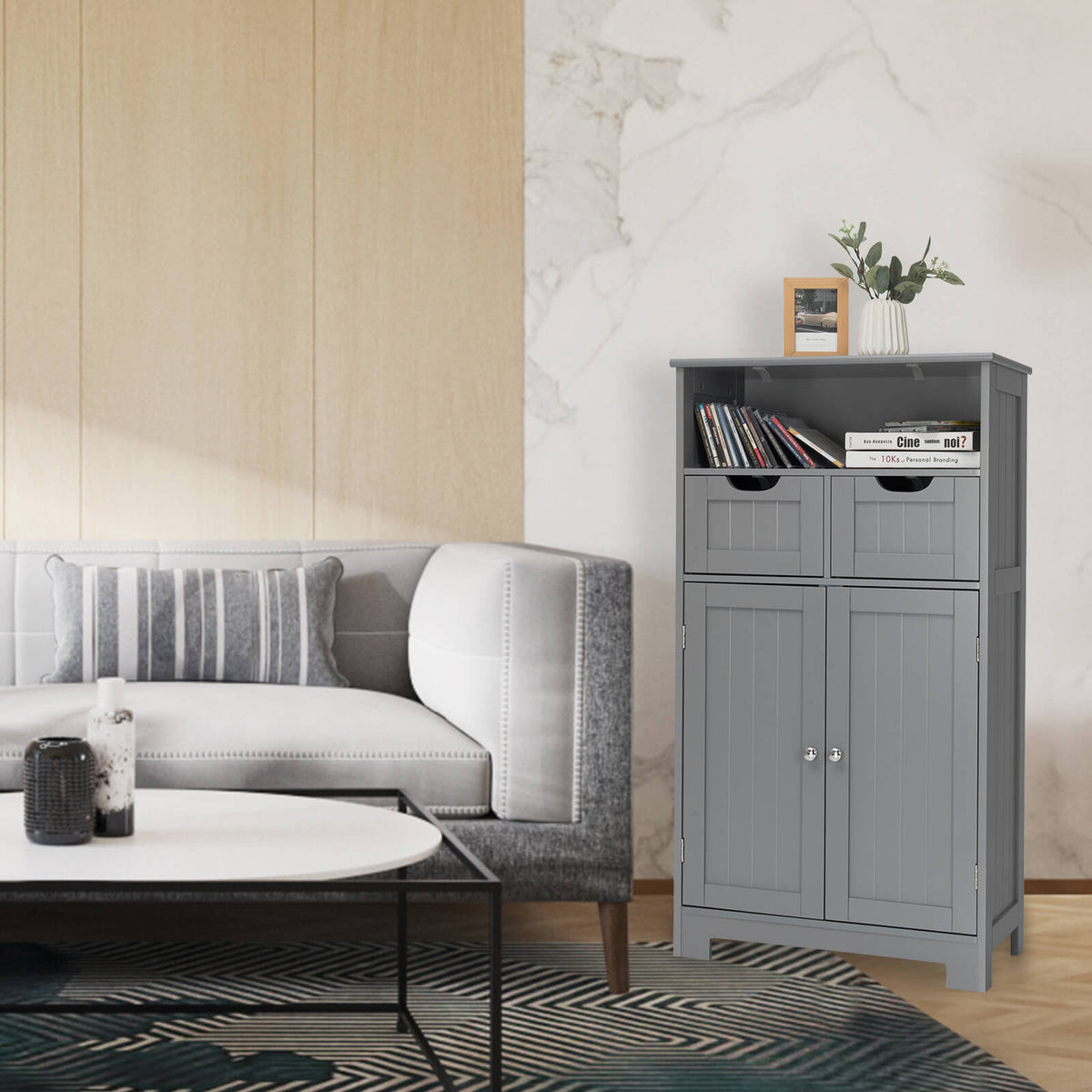 Bathroom Wooden Side Cabinet with 2 Drawers and 2 Doors-Gray-Floor Cabinets-DECOROLALA