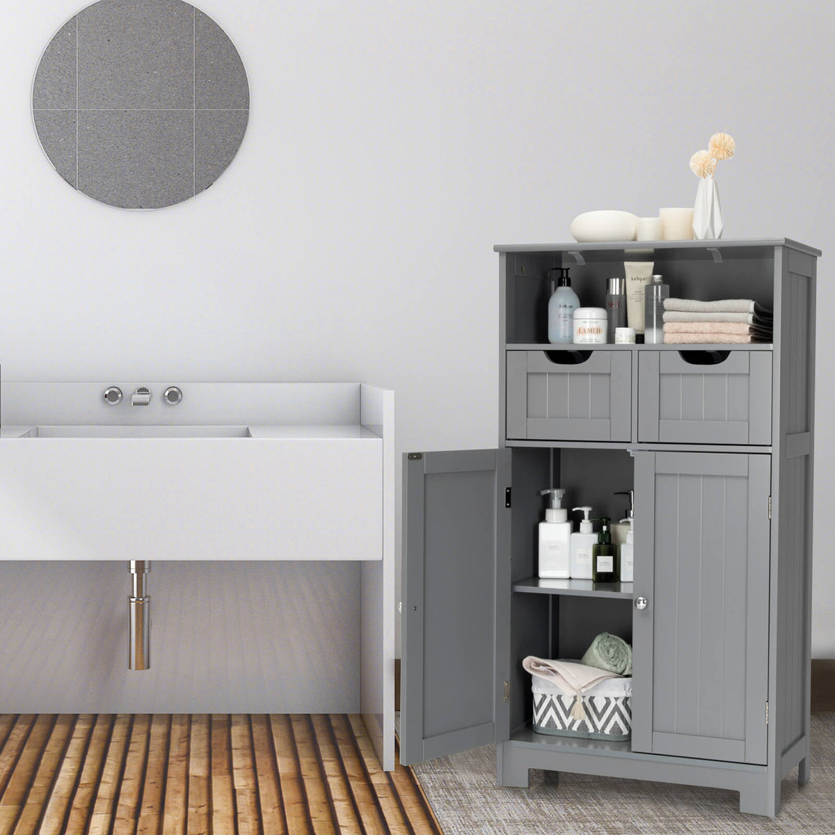 Bathroom Wooden Side Cabinet with 2 Drawers and 2 Doors-Gray-Floor Cabinets-DECOROLALA