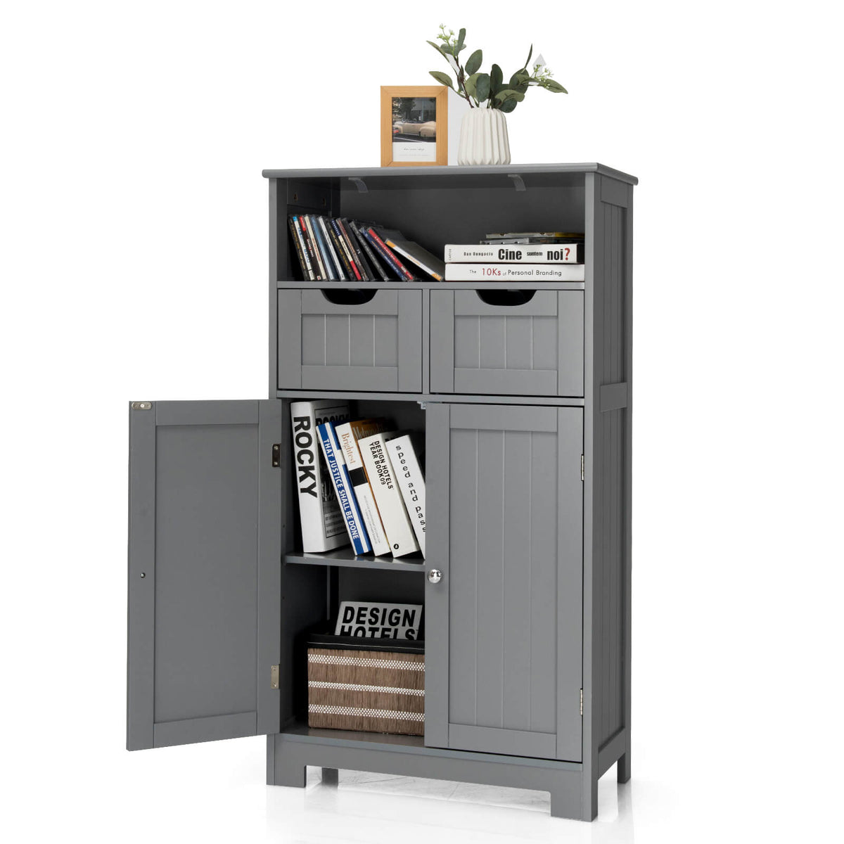 Bathroom Wooden Side Cabinet with 2 Drawers and 2 Doors-Gray-Floor Cabinets-DECOROLALA