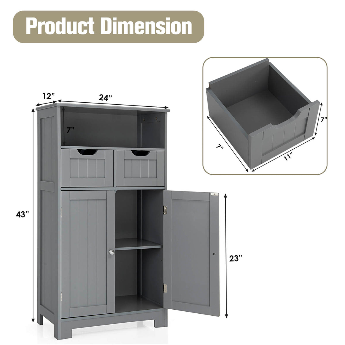 Bathroom Wooden Side Cabinet with 2 Drawers and 2 Doors-Gray-Floor Cabinets-DECOROLALA