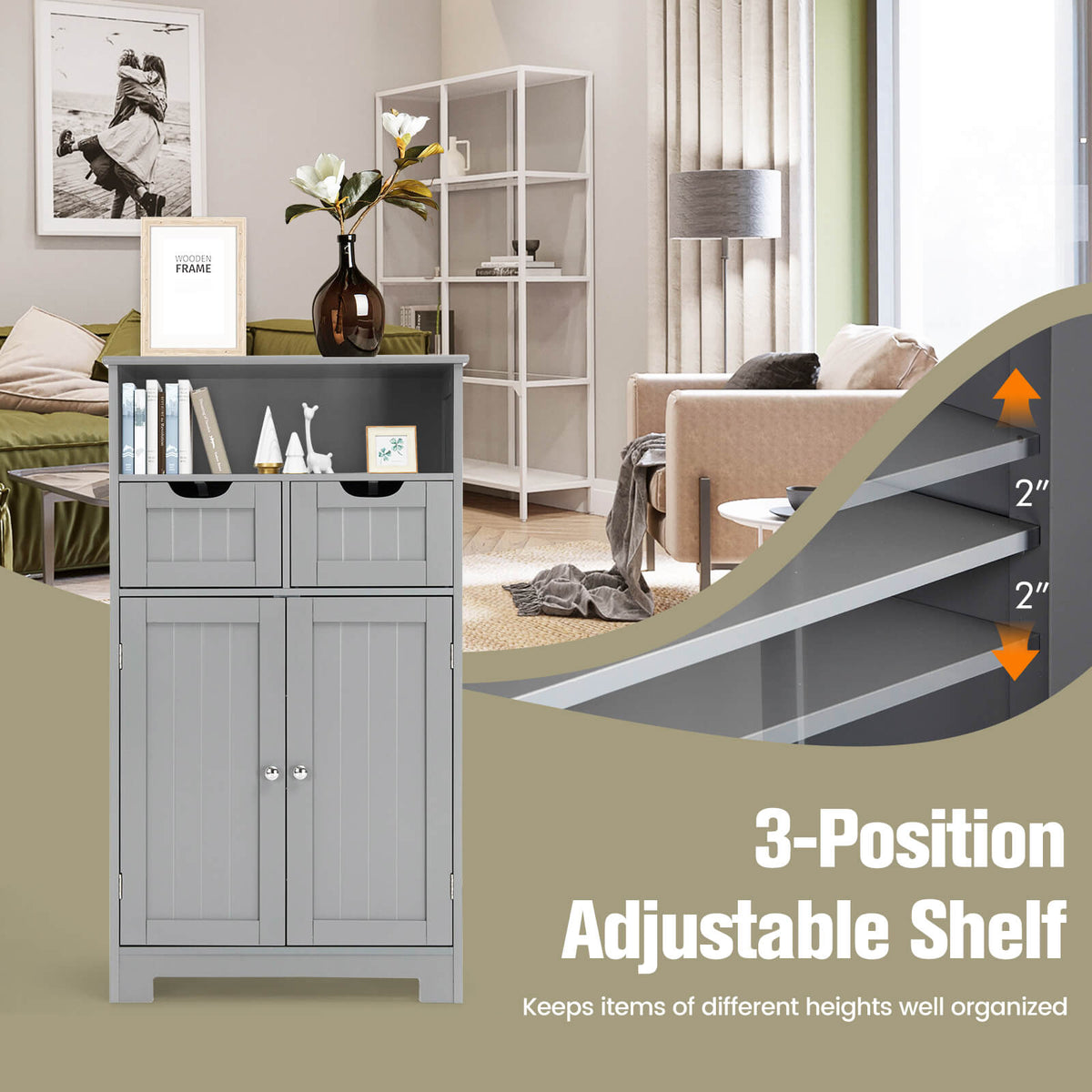 Bathroom Wooden Side Cabinet with 2 Drawers and 2 Doors-Gray-Floor Cabinets-DECOROLALA
