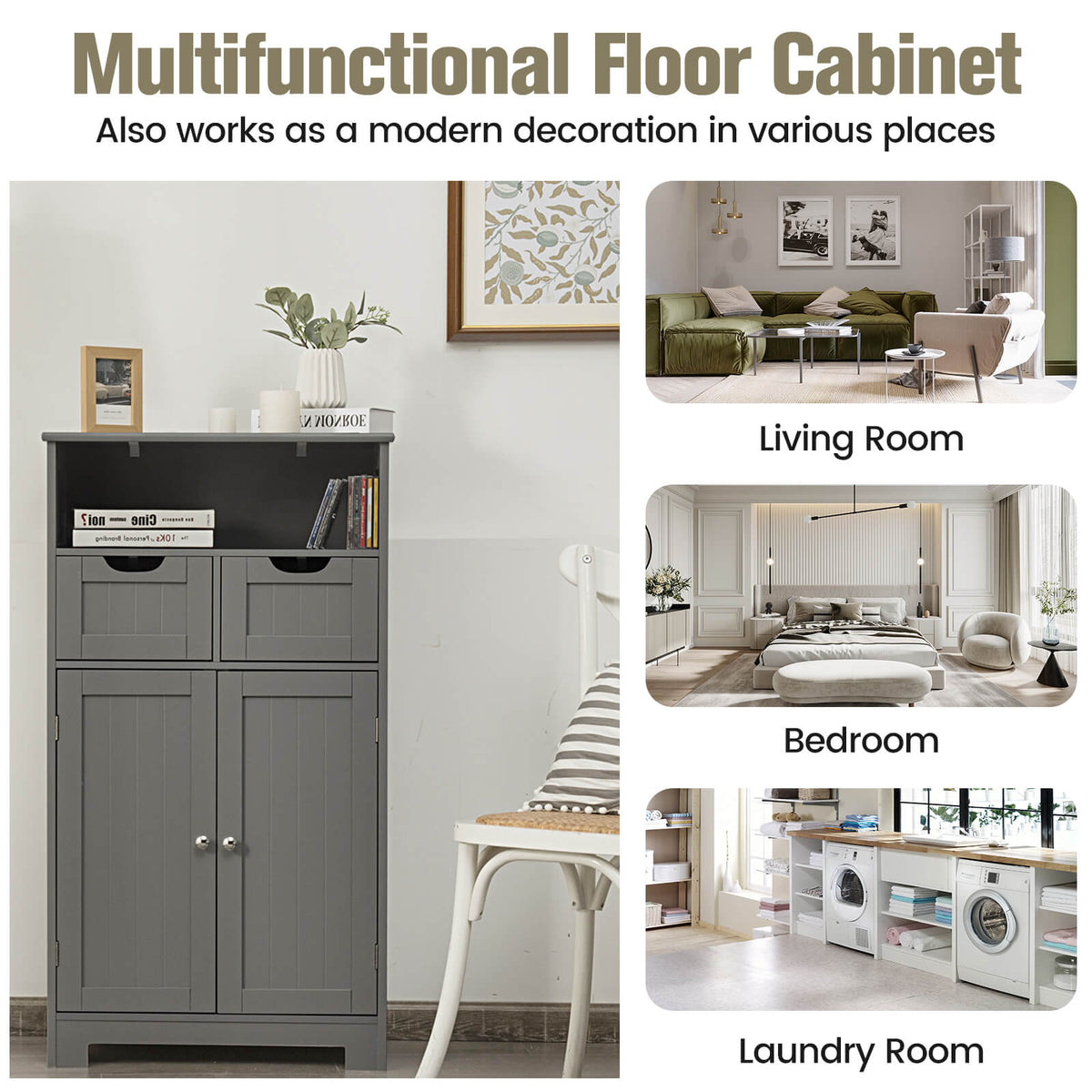 Bathroom Wooden Side Cabinet with 2 Drawers and 2 Doors-Gray-Floor Cabinets-DECOROLALA