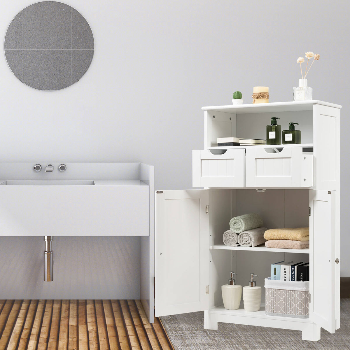 Bathroom Wooden Side Cabinet with 2 Drawers and 2 Doors-White-Floor Cabinets-DECOROLALA