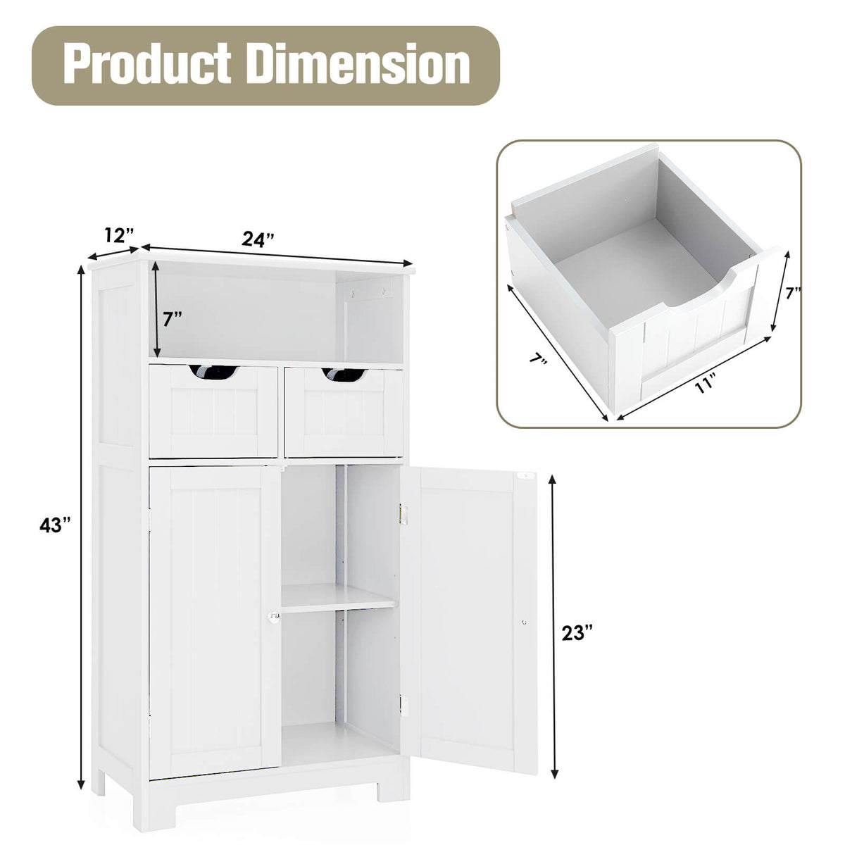 Bathroom Wooden Side Cabinet with 2 Drawers and 2 Doors-White-Floor Cabinets-DECOROLALA