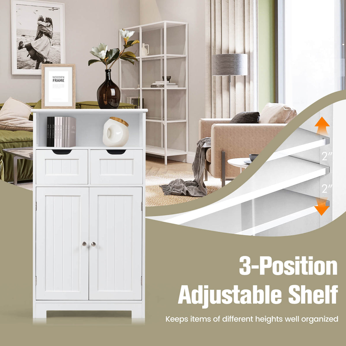 Bathroom Wooden Side Cabinet with 2 Drawers and 2 Doors-White-Floor Cabinets-DECOROLALA