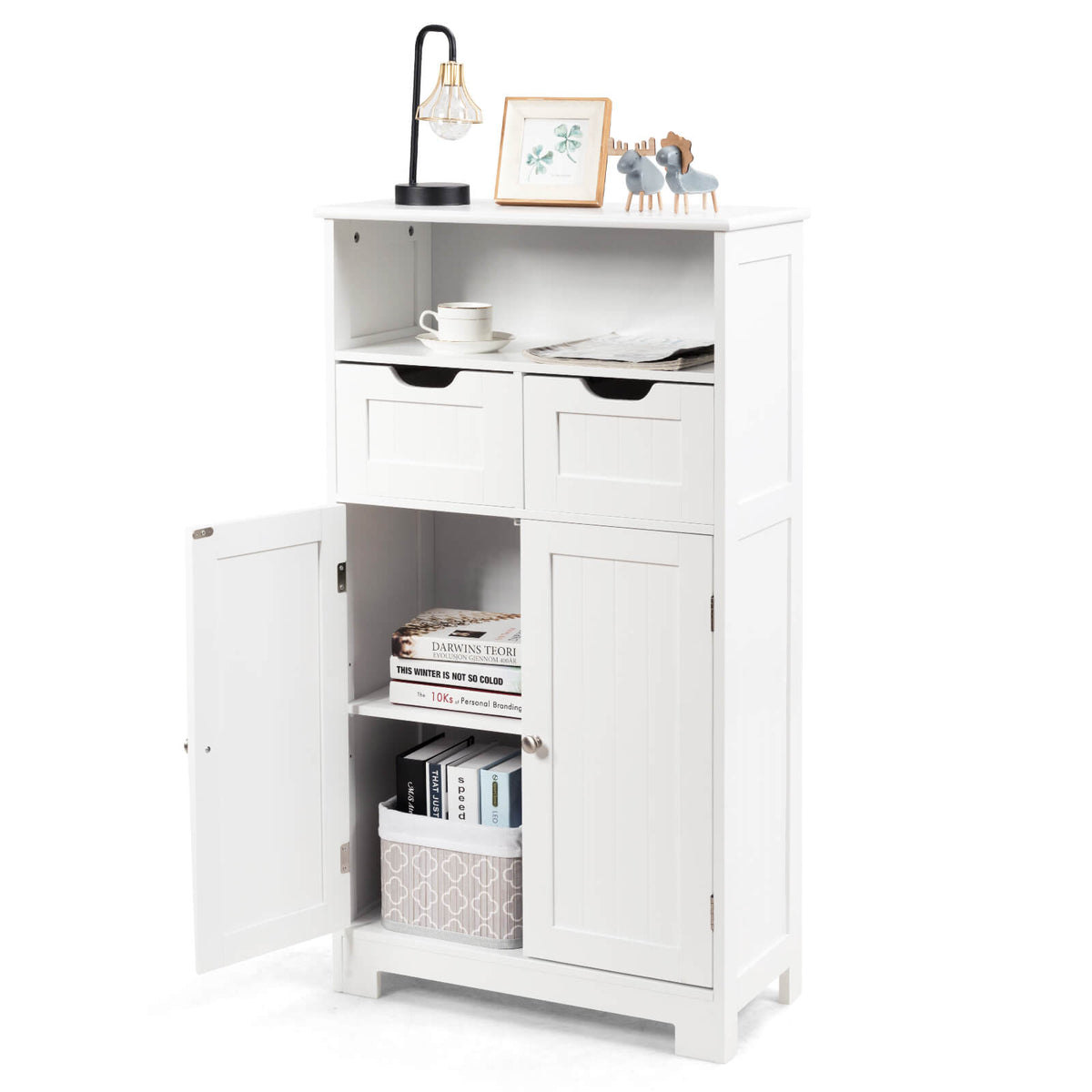 Bathroom Wooden Side Cabinet with 2 Drawers and 2 Doors-White-Floor Cabinets-DECOROLALA