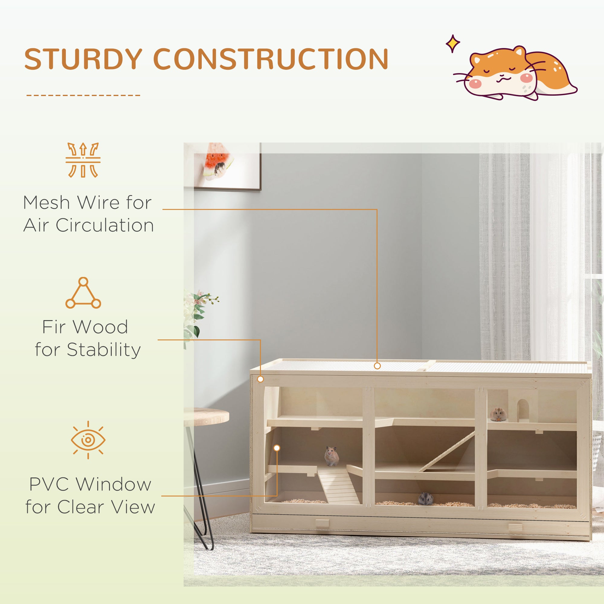 Wooden Hamster Cage Rat Cage with Slide, Tray, Natural Wood