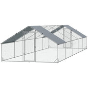 Metal Chicken Coop with Water & UV Protection Cover for Backyard Hen, Duck, Rabbit, 9.8' x 32.8' x 6.4'