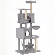 66 Inch Large Cat Tree with 2 Door Condos, 3 Big Hammocks, Plush Top Perch, Sisal Scratching Posts, Light Grey