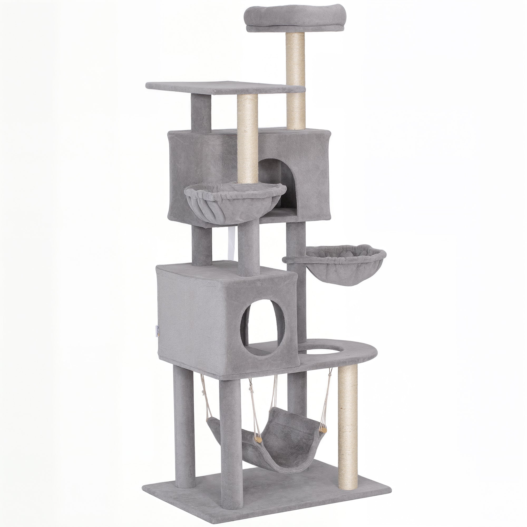 66 Inch Large Cat Tree with 2 Door Condos, 3 Big Hammocks, Plush Top Perch, Sisal Scratching Posts, Light Grey
