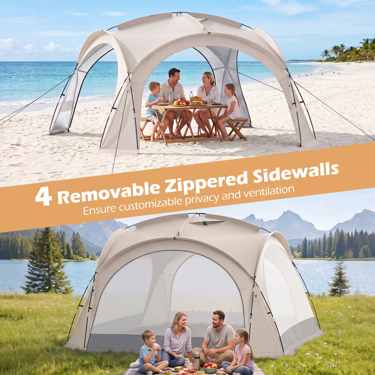 Beach Tent for 12-15 People Easy Setup Dome Canopy Tent with 4 Removable Zippered Sidewalls-Brown-Tents-DECOROLALA