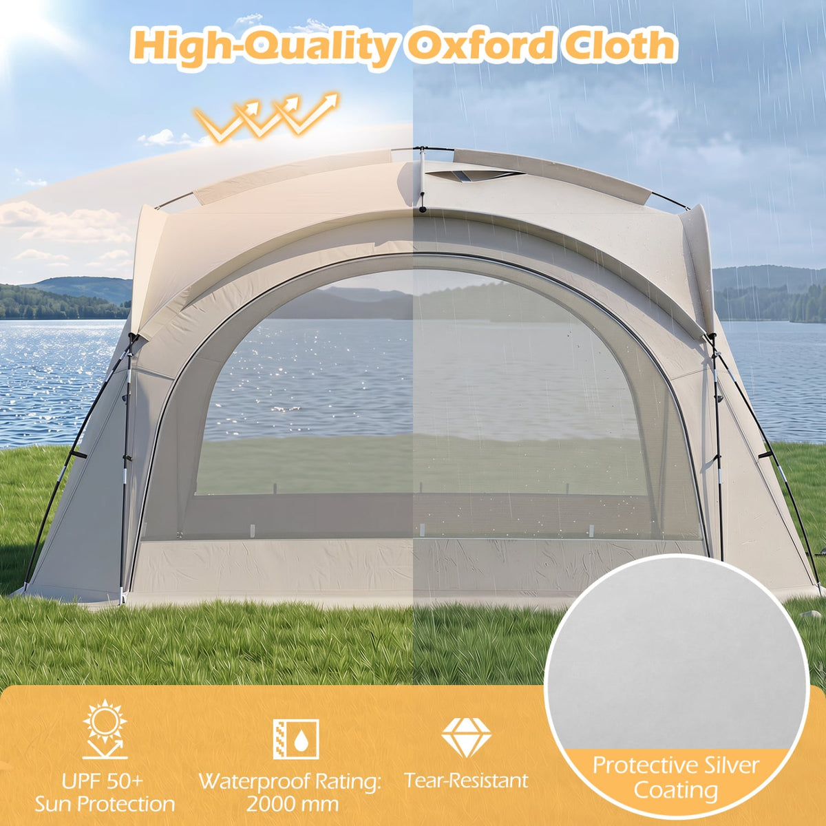Beach Tent for 12-15 People Easy Setup Dome Canopy Tent with 4 Removable Zippered Sidewalls-Brown-Tents-DECOROLALA