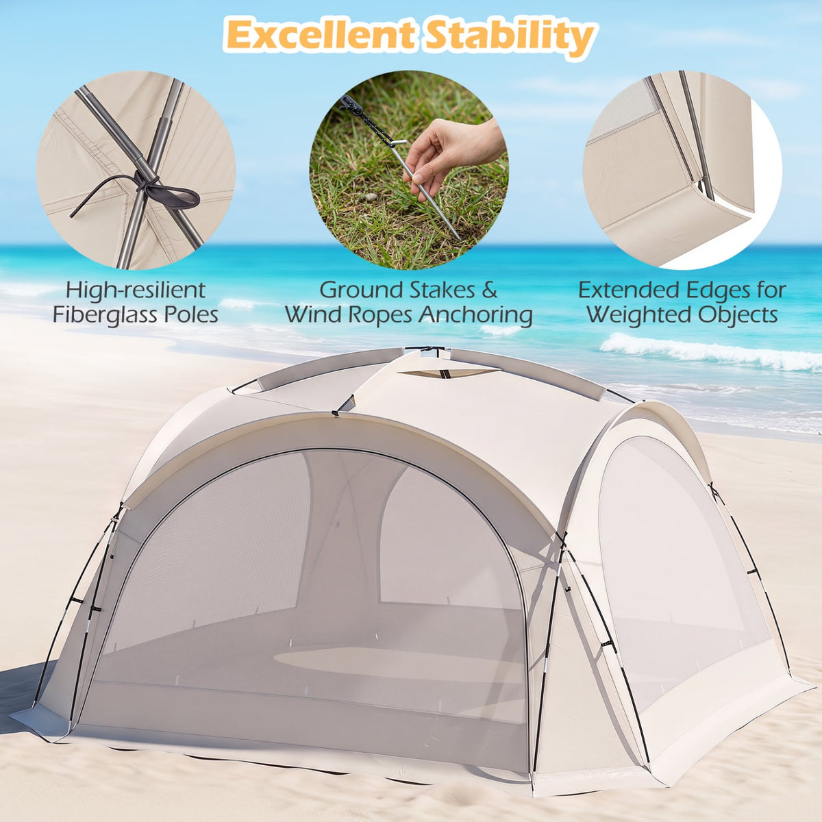 Beach Tent for 12-15 People Easy Setup Dome Canopy Tent with 4 Removable Zippered Sidewalls-Brown-Tents-DECOROLALA
